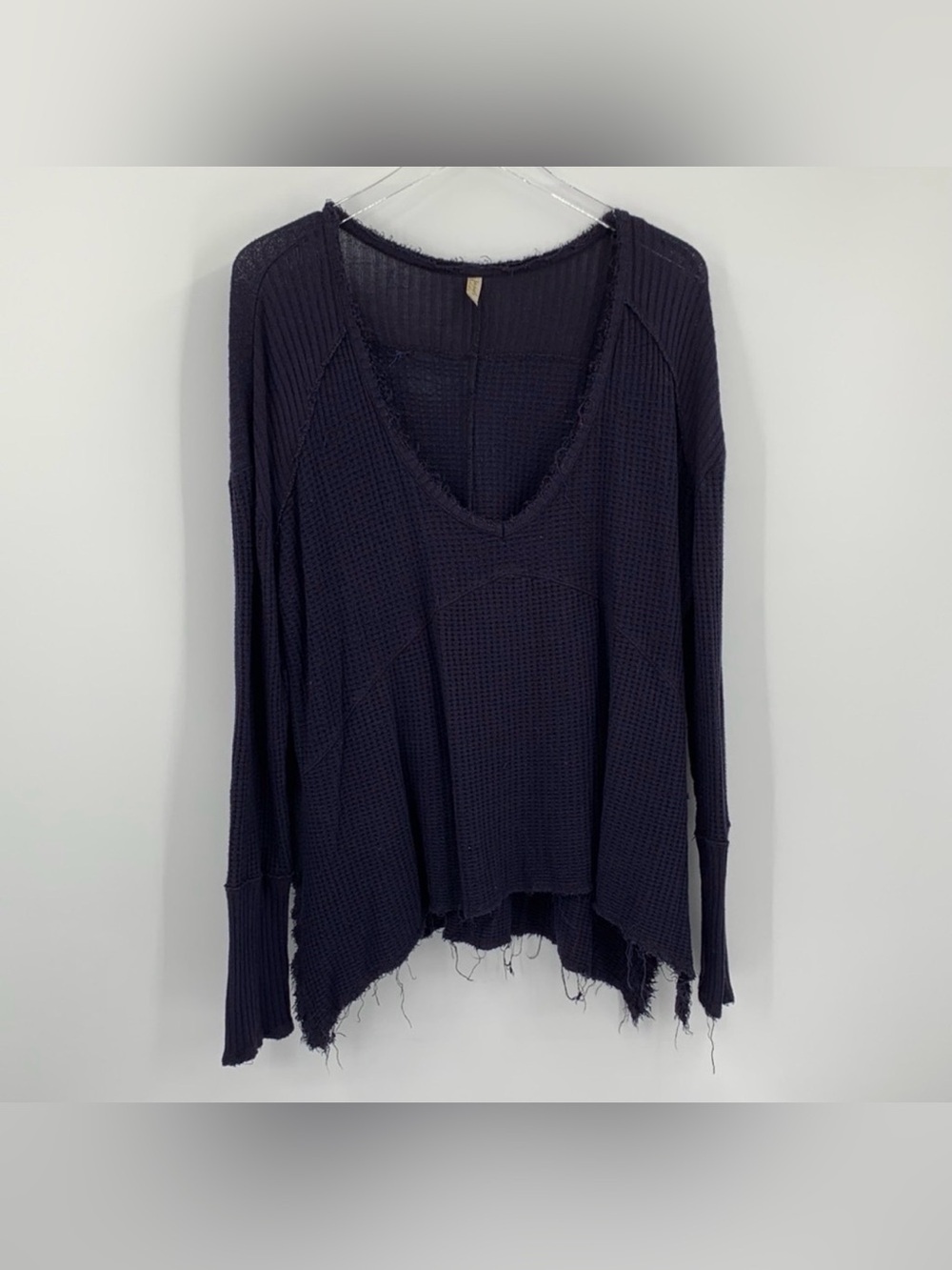 Free People raw edge thermal waffle shirt top navy blue distressed long sleeve M
